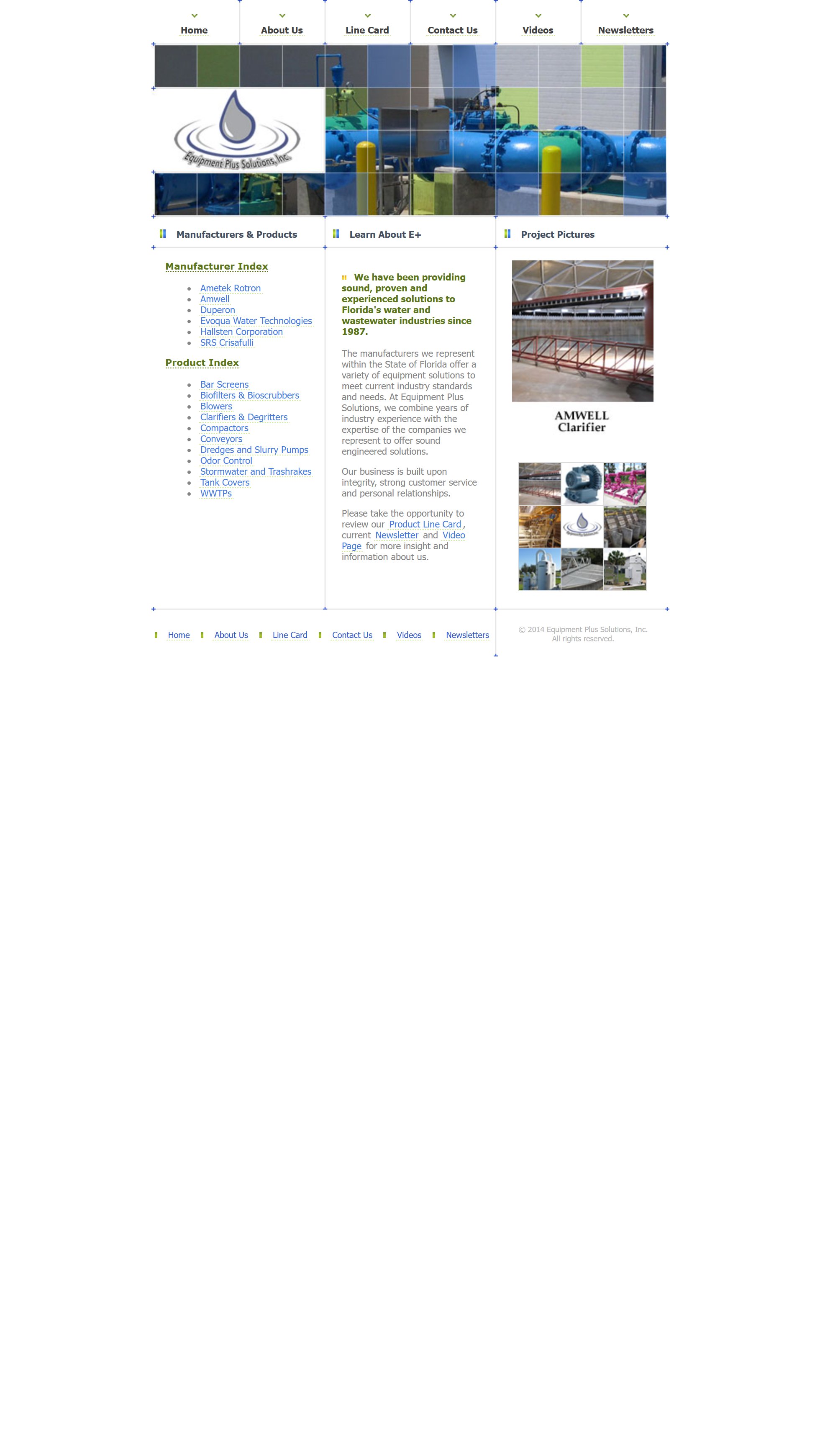 Equipment Plus Solutions 2006 website on mobile showing broken table layout